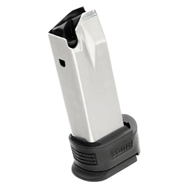 Springfield XD Compact Extended Magazine silver magazine with black extended base, angled view
