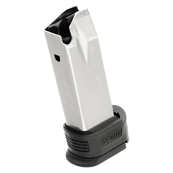 Springfield Armory XD Sub-Compact silver magazine, angled view with black extended base