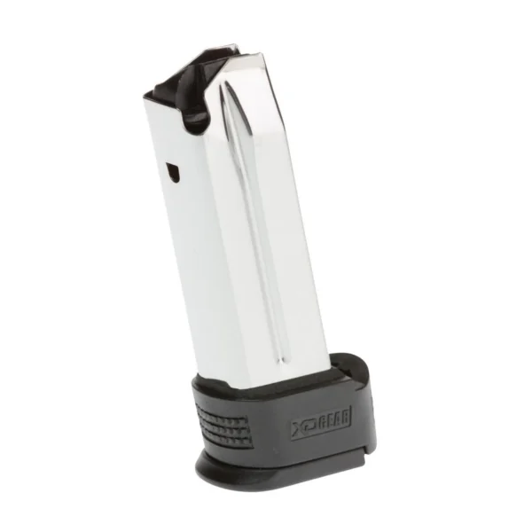 Springfield XD Sub Compact Extended Magazine silver body with black extended base, angled front view