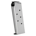 Springfield 1911 Stainless Steel Magazine, silver angled side view with witness holes