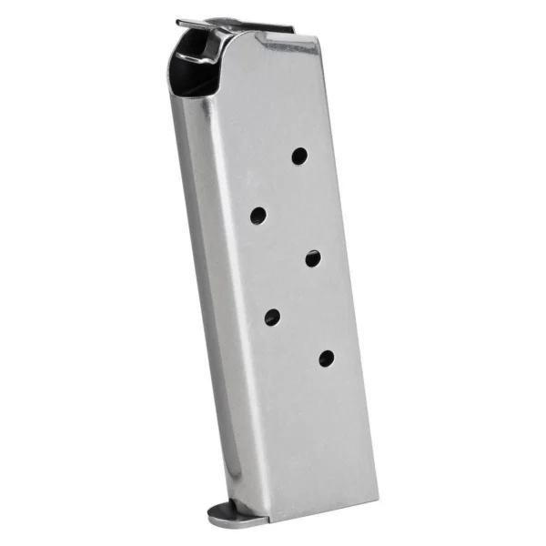 Springfield 1911 Stainless Steel Magazine, silver angled side view with witness holes