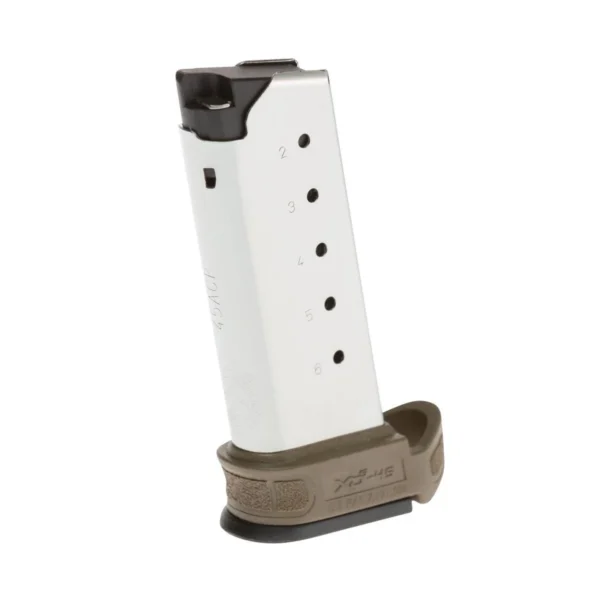 Springfield XD-S MOD.2 Extended Magazine, silver side view with FDE extended baseplate