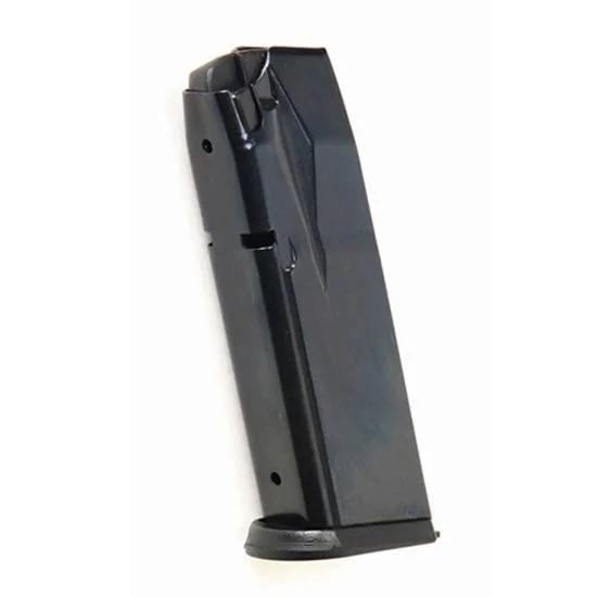 ProMag black metal pistol magazine in angled side view with base plate and witness holes