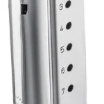 Springfield Armory XD(S) Flush Fit Magazine, stainless front view with numbered witness holes