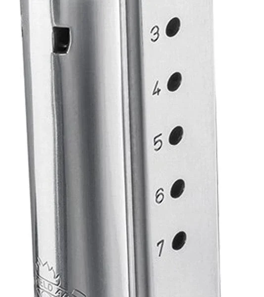 Springfield Armory XD(S) Flush Fit Magazine, stainless front view with numbered witness holes