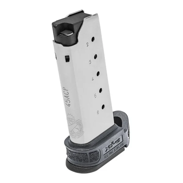 Springfield XD-S MOD.2 Tactical Extended Magazine in grey with black extended base, angled view