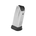 Springfield XD-M Elite Compact Magazine, angled front view in silver with black base plate
