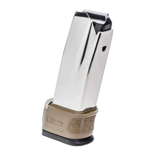 Springfield XD Mod.2 Sub-Compact magazine, silver body with FDE base extension, angled view