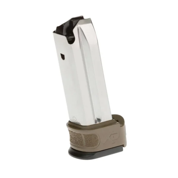 Springfield XD MOD.2 Sub Compact Extended Magazine, silver body with FDE base, angled view