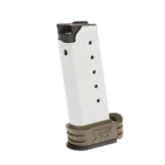 Springfield XD-S Extended Magazine, angled side view with silver body and tan extended base