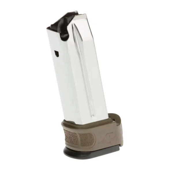 Springfield XD MOD.2 Sub Compact Extended Magazine, silver body with FDE base pad, angled side view