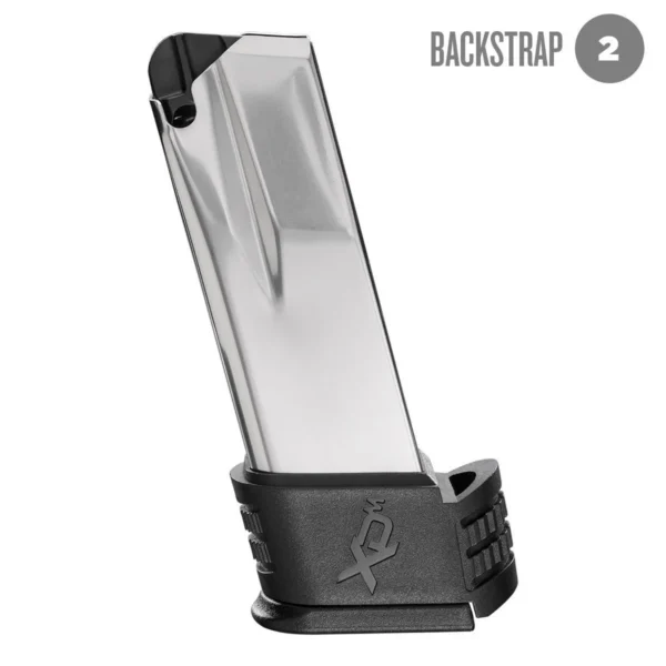 Springfield Armory XD-M Compact Handgun Magazine, silver body with black extended sleeve