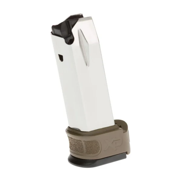 Springfield XD MOD.2 extended magazine, angled view with silver body and FDE base extension