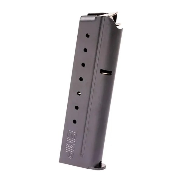 Springfield EMP Stainless Steel Magazine, silver magazine with witness holes, angled side view