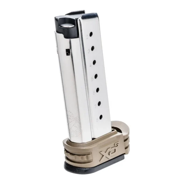 Springfield XD-S Extended Magazine, silver body with FDE extended base in angled view