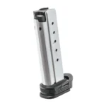 Springfield Armory XD-E Extended Handgun Magazine, angled view of silver magazine with black base