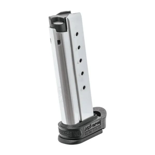 Springfield Armory XD-E Extended Handgun Magazine, angled view of silver magazine with black base