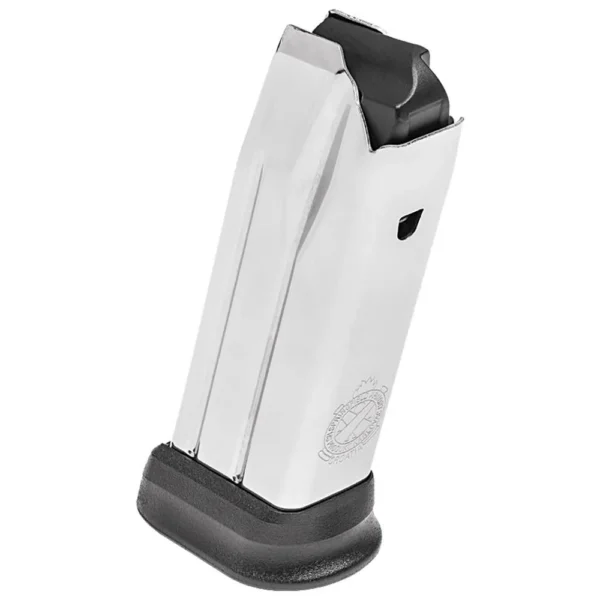 Springfield XD-M Elite Compact magazine in silver and black, angled front view
