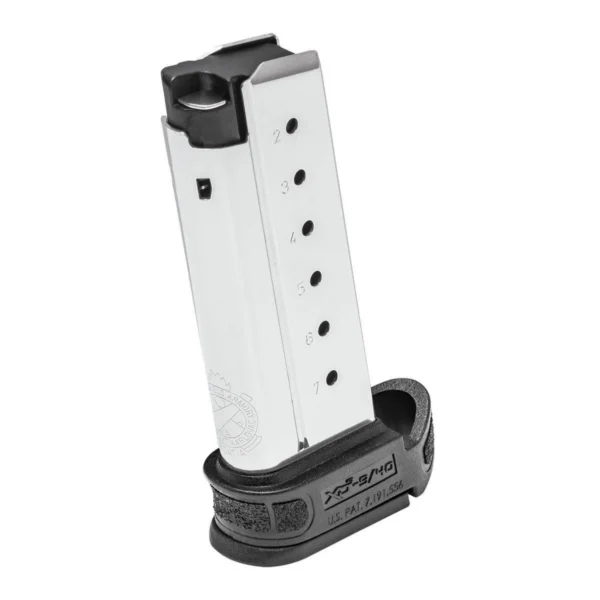Springfield XD-S MOD.2 Extended Magazine, angled view of silver body and black extended baseplate