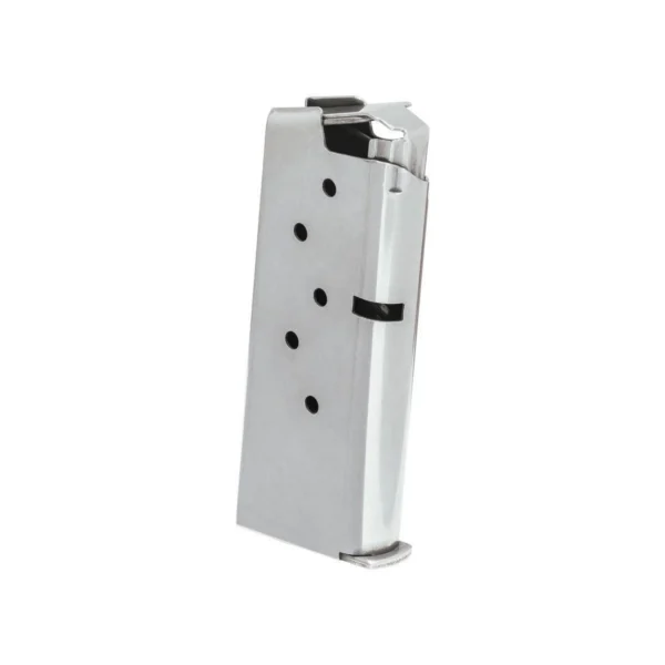 Springfield 911 Stainless Steel Magazine, silver magazine with black follower, front view