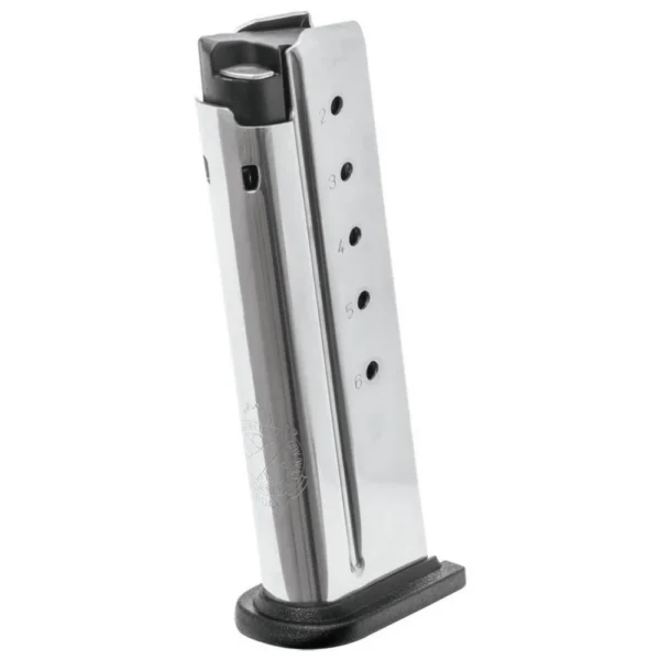 Springfield Armory XD-E Flush Fit Handgun Magazine, silver side view with black base plate