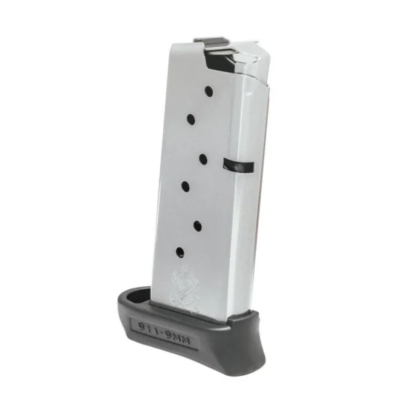 Springfield 911 stainless steel magazine, angled front view with black pinky extension