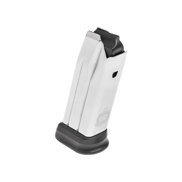 Springfield XD-M Elite Compact magazine, angled front view with silver body and black base plate