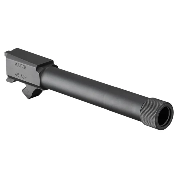 Springfield XD-M Threaded Barrel, angled side view of a black barrel with threaded muzzle