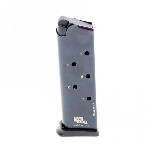 ProMag Steel Handgun Magazine 1911 Government, blued side view with witness holes and base plate