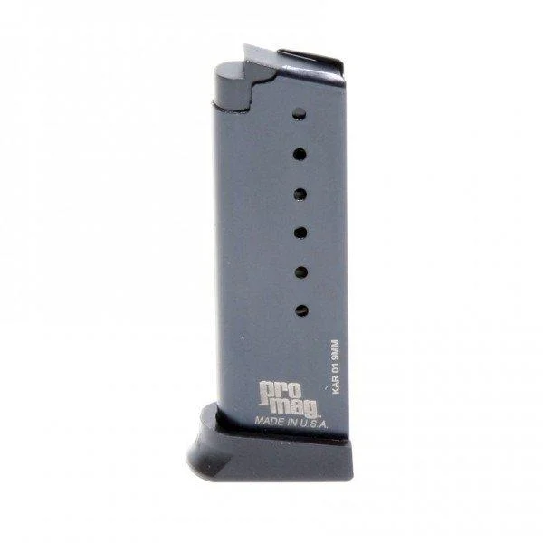ProMag KAHR Arms K9/P9/E9 Magazine blued steel front view with witness holes and black baseplate