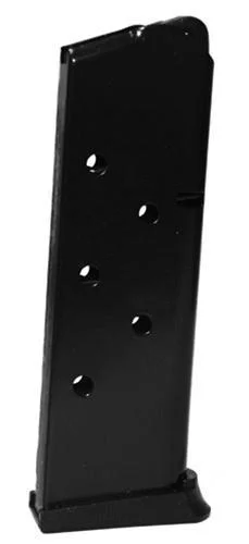 ProMag Colt Defender Magazine, black upright angled view with witness holes and base plate