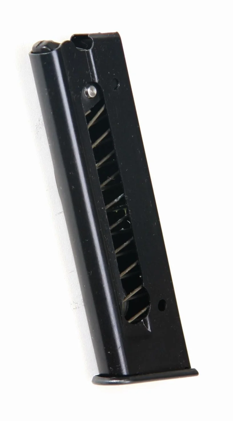 primary-37402 ProMag Taurus PT22 magazine, angled side view of black steel body with witness slots