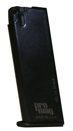 ProMag Kel-Tec P32 Magazine, angled front view of black metal magazine with flat base