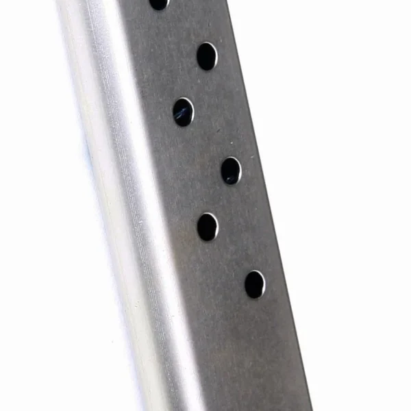 ProMag S&W 39 Magazine, angled front view of silver metal body with black base plate