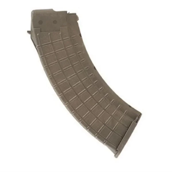 ProMag AK-47 Magazine in OD green polymer with curved body and grid texture, side view