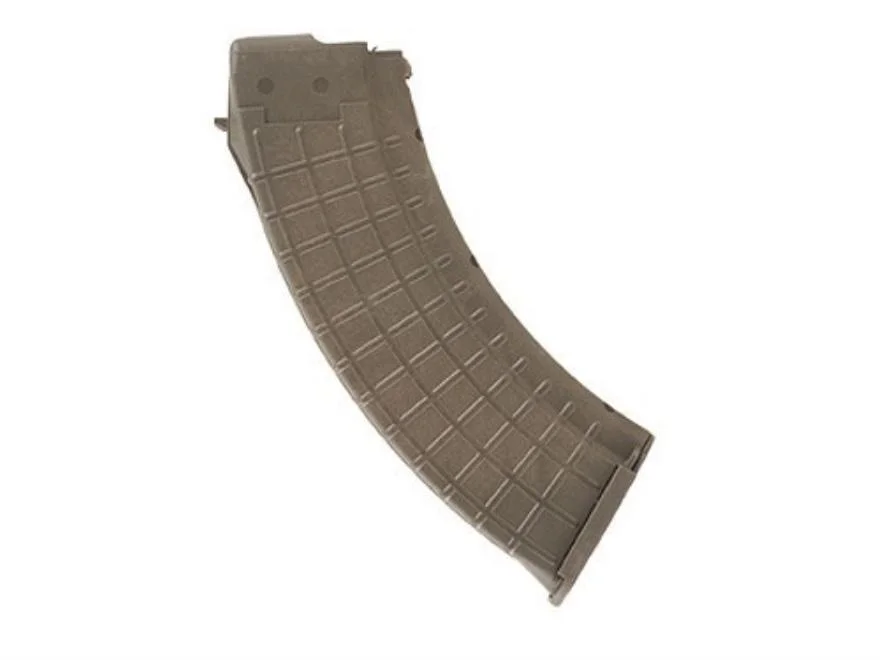 primary-37432 ProMag AK-47 Magazine in OD green polymer with curved body and grid texture, side view
