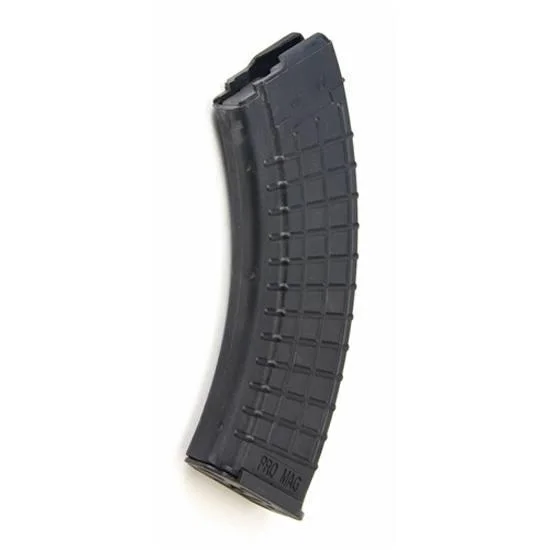 ProMag Saiga Magazine, curved black polymer magazine in three-quarter side view