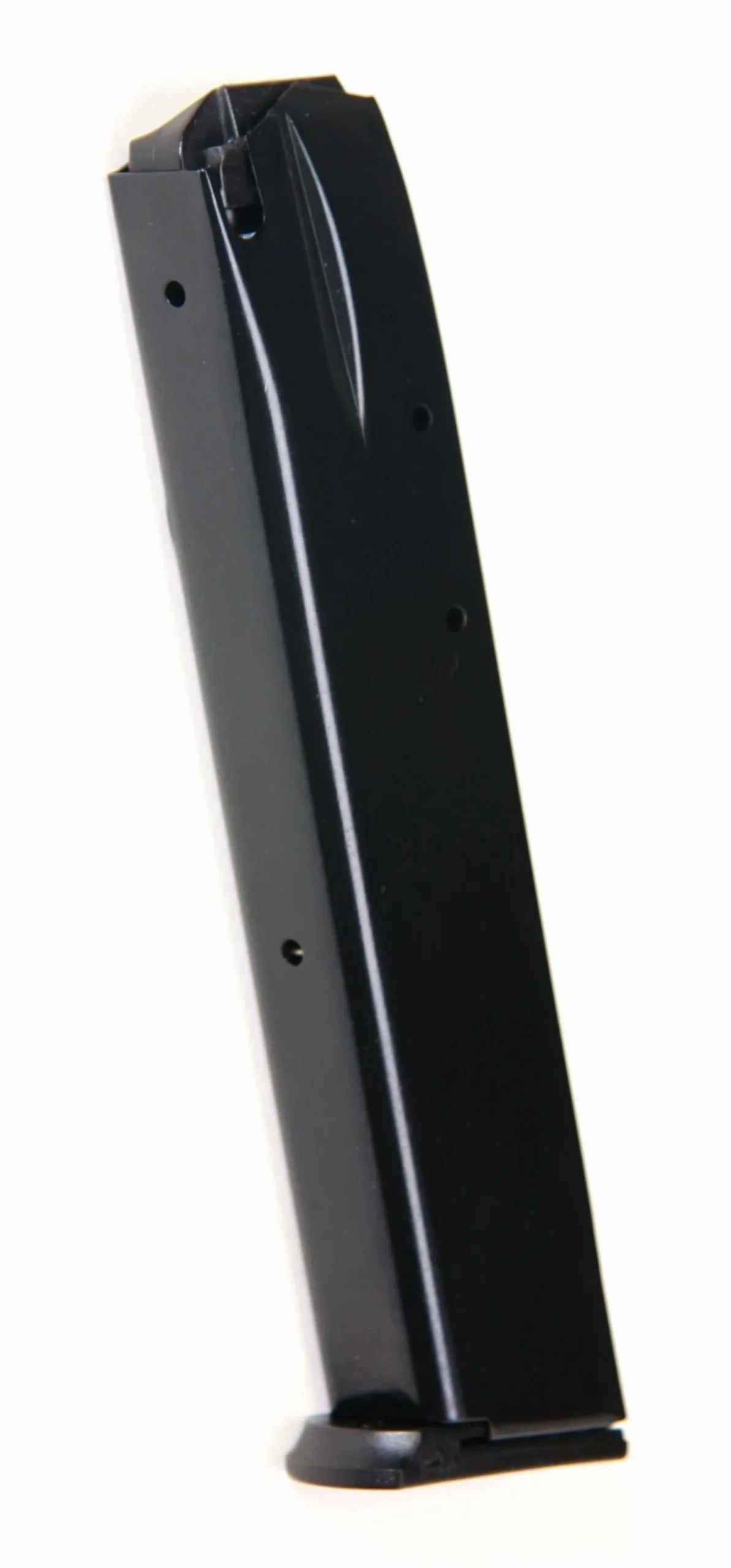 primary-37476 ProMag S&W 910/915/459/5900 Magazine, long blued steel magazine in angled side view