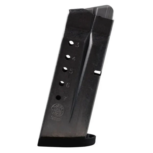 ProMag S&W M&P Shield magazine, blued steel angled side view with witness holes