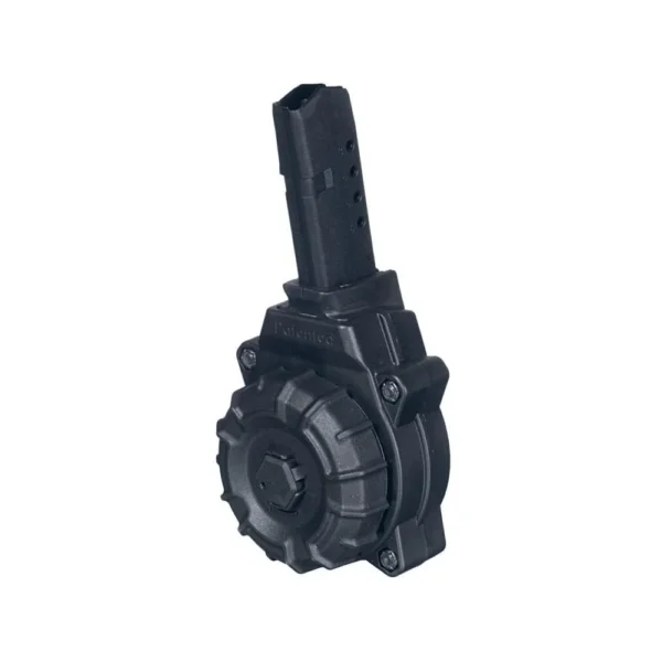 Promag Glock 43 Drum Magazine, black angled side view with extended stick magazine