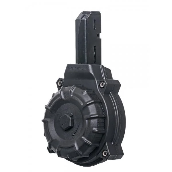 ProMag AR-15 Drum Magazine, black front three-quarter view with tall feed tower