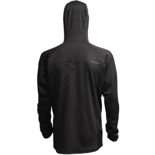 Leupold Velum Half Zip hooded fleece, charcoal rear view with hood and long sleeves