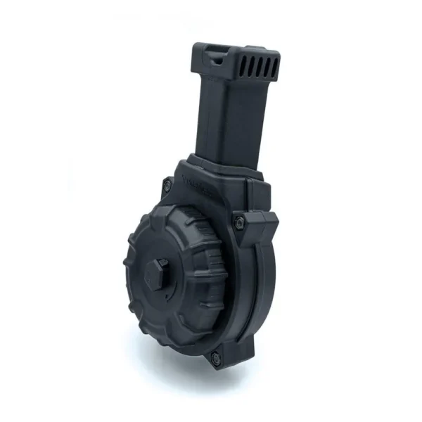 Promag Thompson Carbine black drum magazine, front three-quarter view