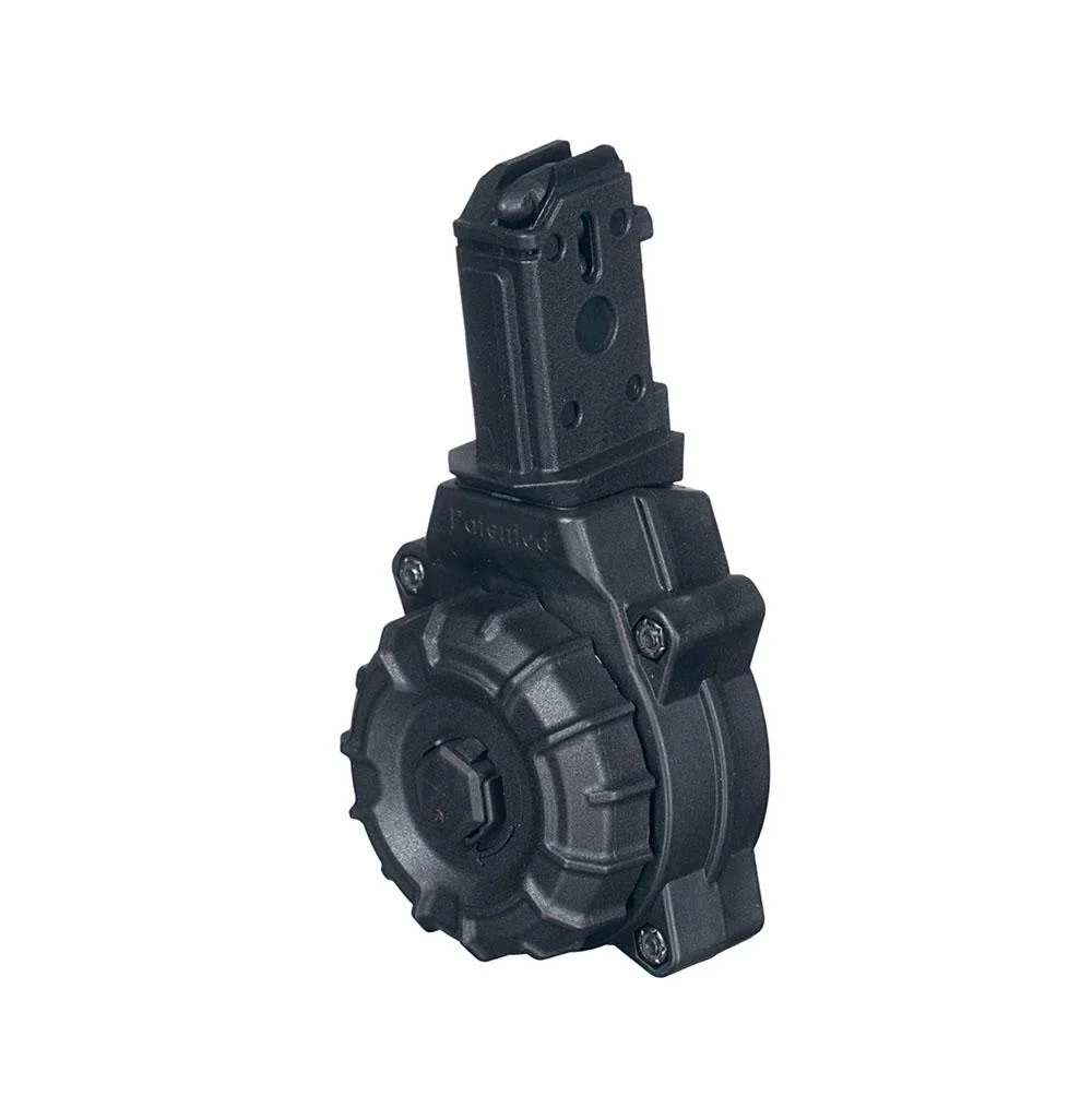 primary-37592 Promag Handgun Drum Magazine Fits CZ Scorpion, black front-side view with round drum