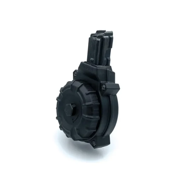 Promag MP5/PTR9 Handgun Magazine Drum, black angled view with round drum body and feed tower