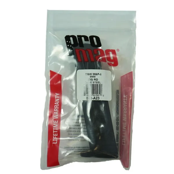 Promag S&W M&P9 Handgun Magazine, black magazine in clear retail packaging, front view