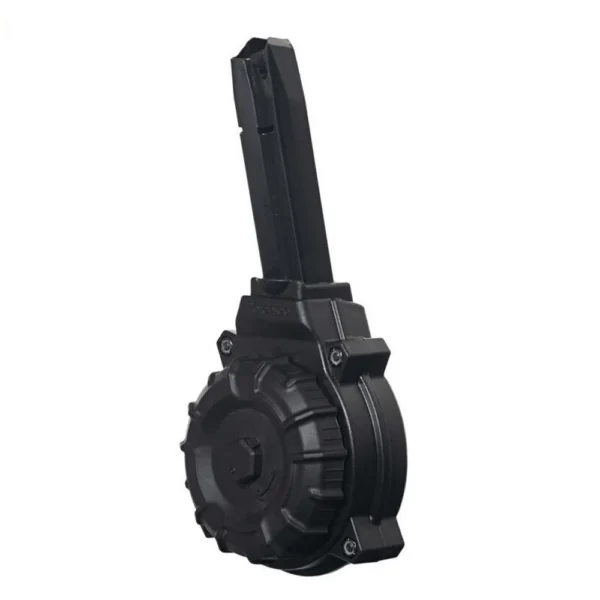 Promag Sig Sauer P226 Handgun Magazine, angled view of black polymer drum and upright magazine