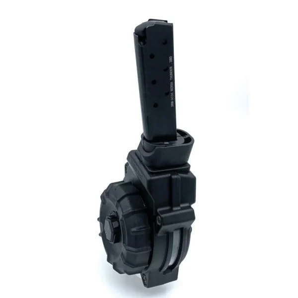Promag Bersa Thunder Handgun Magazine Drum Black, angled view with round drum and tall magazine