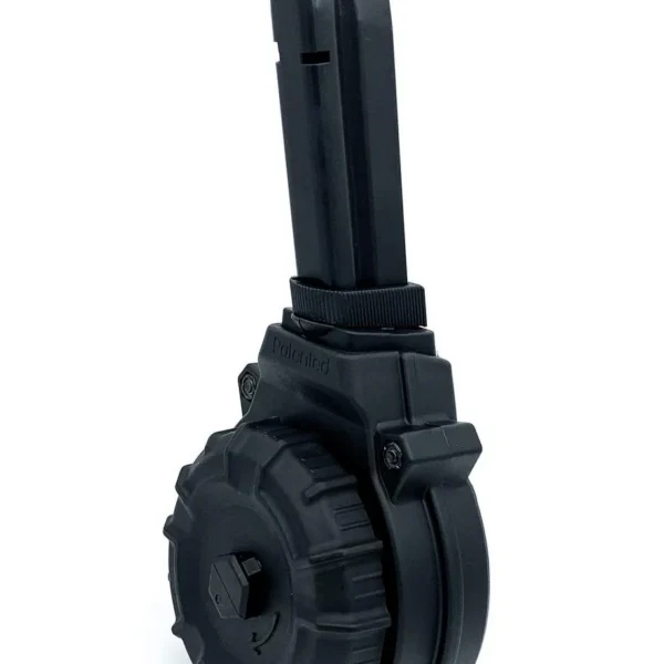 Promag Browning Hi-Power drum magazine, black front angled view with tall feed tower