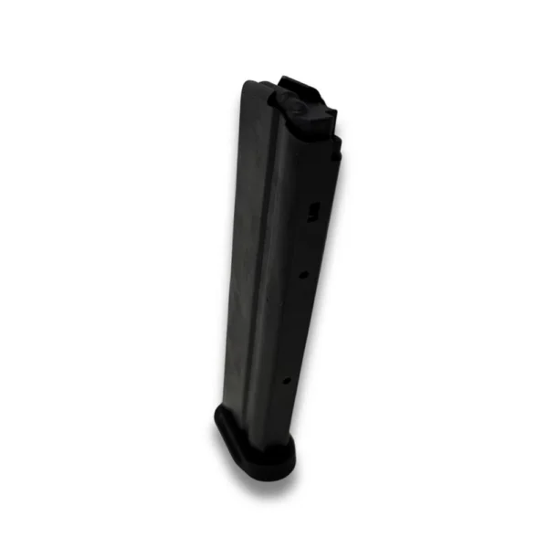 ProMag Ruger-57 black steel handgun magazine, angled side view with extended body and baseplate